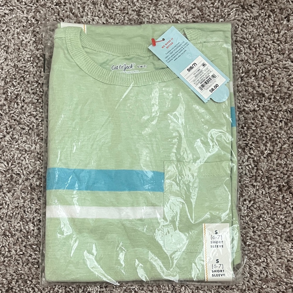 Cat & Jack Light Green Tee with Blue and White Stripes